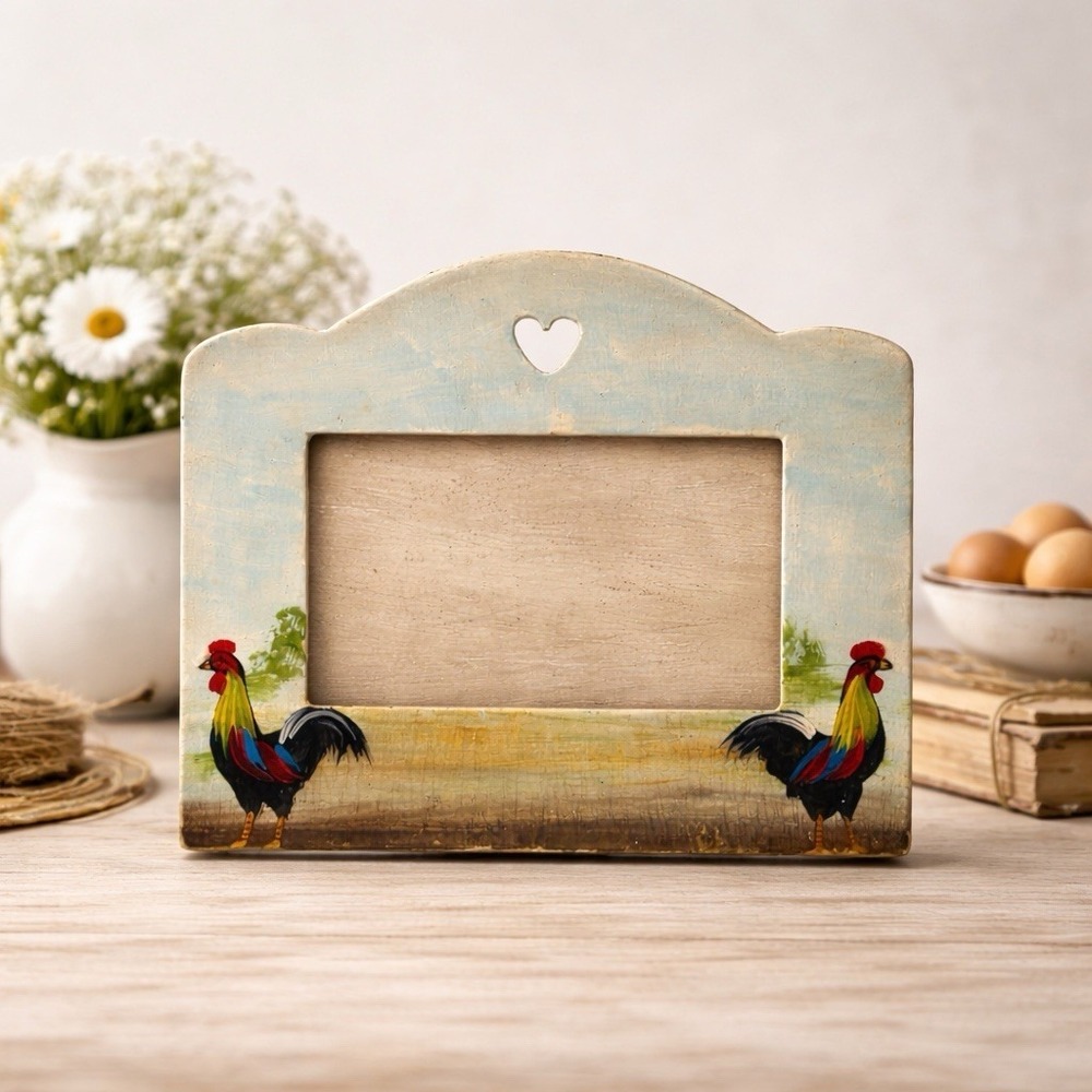 Vintage 90s Rustic - Wood Black Rooster Chicken Photo Picture Frame Country 4x6